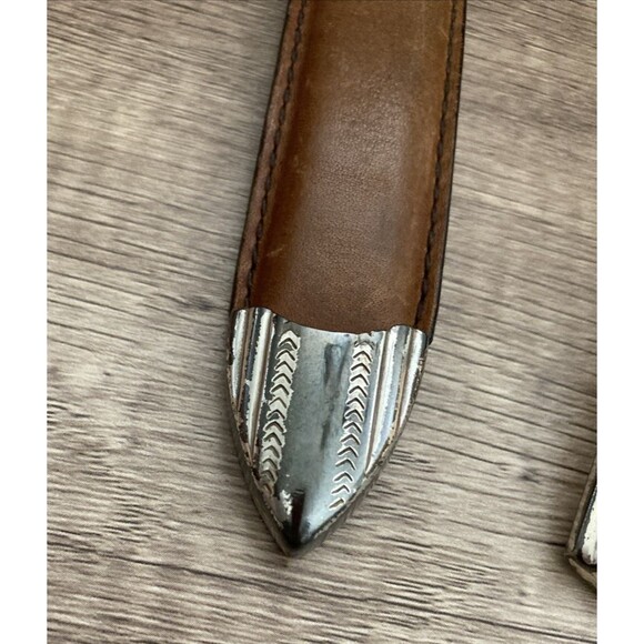Roundtree and Yorke Brown Leather Belt Mens 38 Embellished Brass Western Concho - Picture 6 of 16